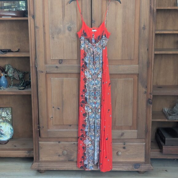 Intimately Free People Red Floral Morning Song Front Slit Maxi Slip Dress Small - Picture 1 of 9
